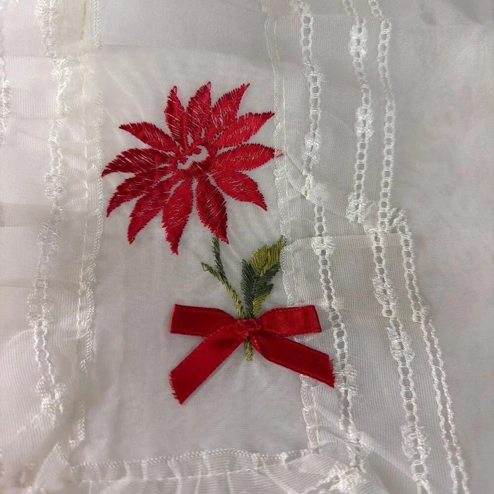 Vintage 60’s White Sheer Lace Embroidered Red Poinsetta With Bow Christmas NWOT